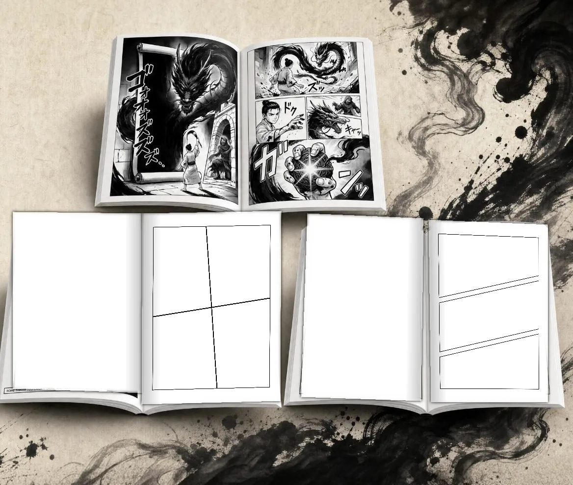 The book open to blank panel spreads beside the printed story.