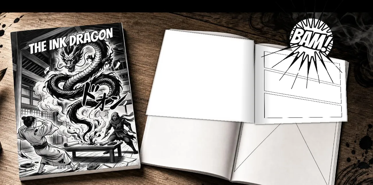 The Ink Dragon on a desk beside a brush and inkstone, open to a blank panel spread.